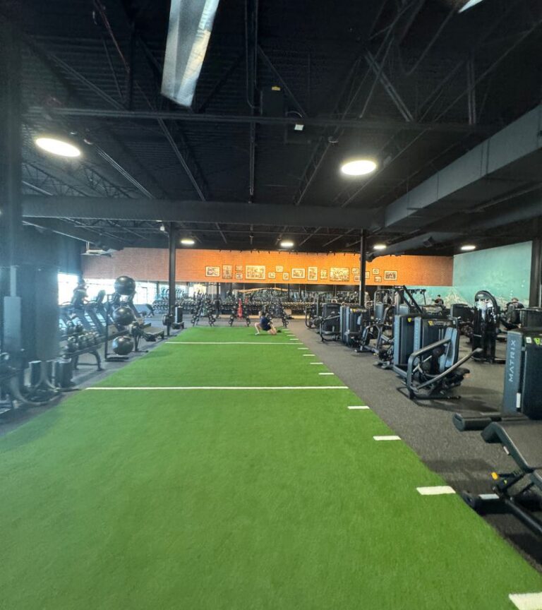 Wide view of the functional turf floor at Gold’s Gym Thornton, surrounded by strength machines and free weights, built for sled pushes, stretching, and serious circuit training.
