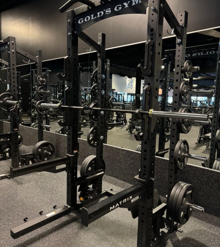 Loaded squat rack and plate storage at Gold’s Gym Thornton, highlighting heavy strength equipment for serious barbell training in the strength training area.